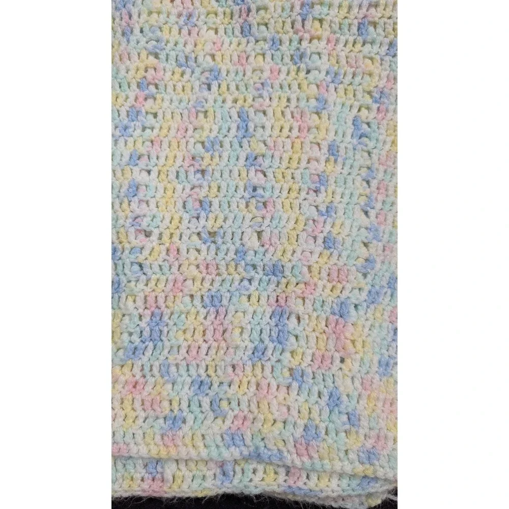 vintage handmade crochet pastel baby‎ blanket pink blue yellow 40x33 Afghan